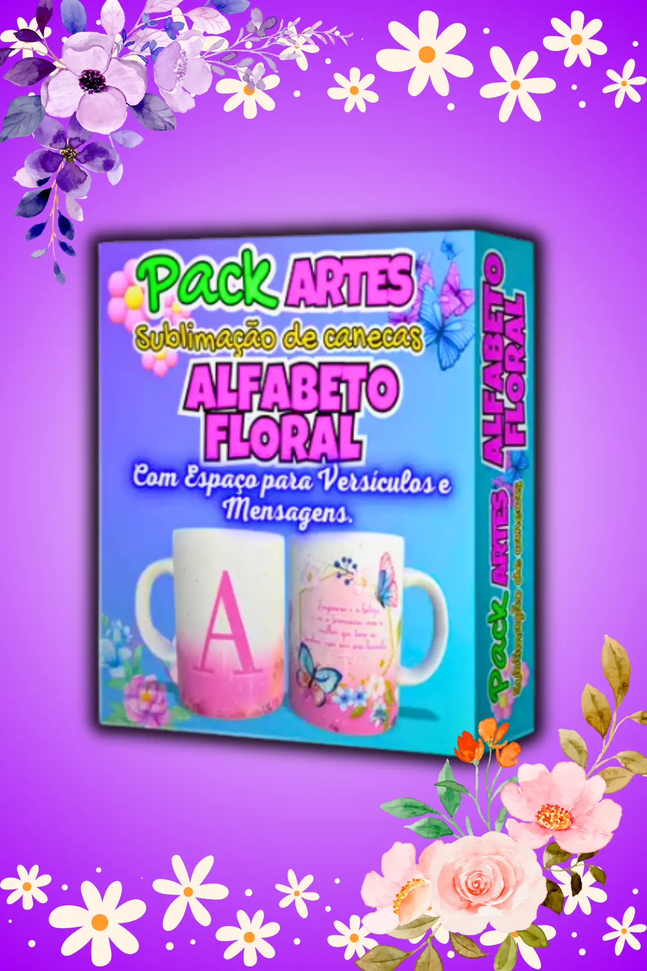 alfabeto floral - pack com mais de 10 alfabetos diferente para sublimação de canecas