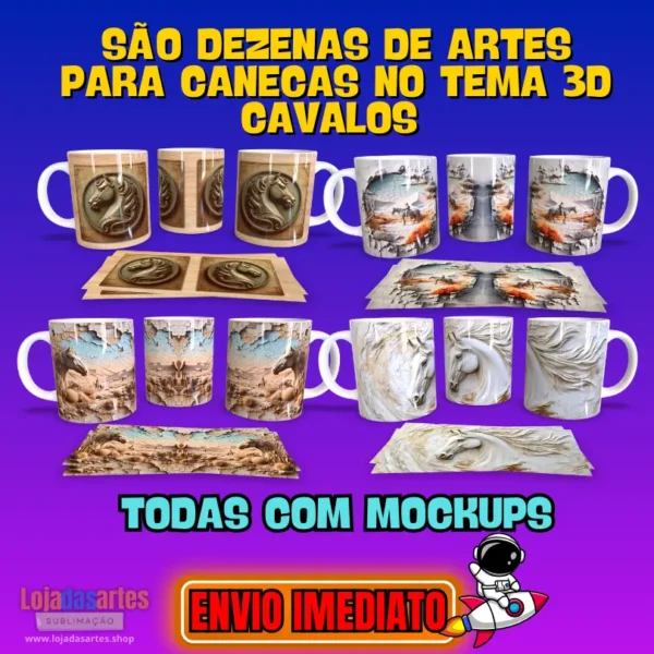 PACK SUBLIMAÇÃO DE CANECAS ARTES CAVALOS EM 3D - Image 4