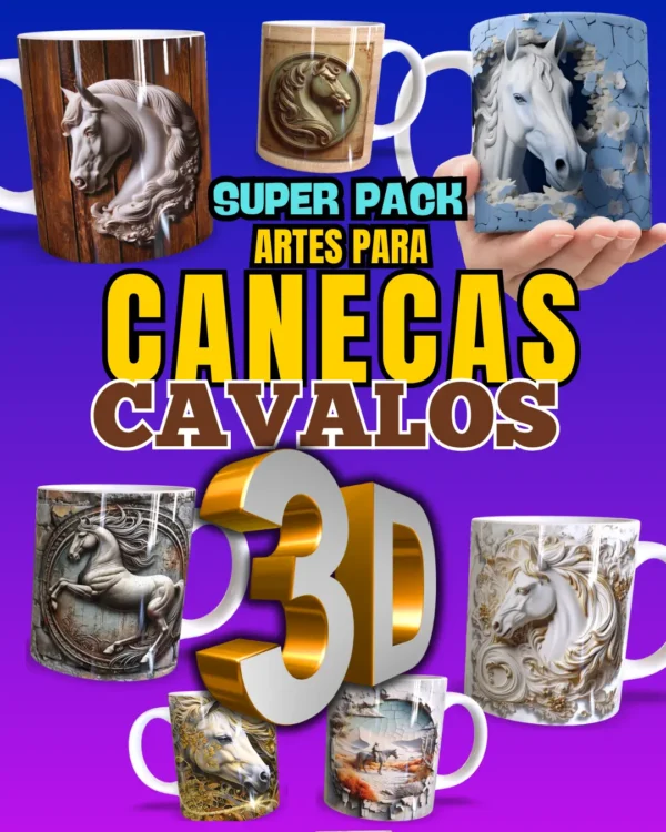 PACK SUBLIMAÇÃO DE CANECAS ARTES CAVALOS EM 3D